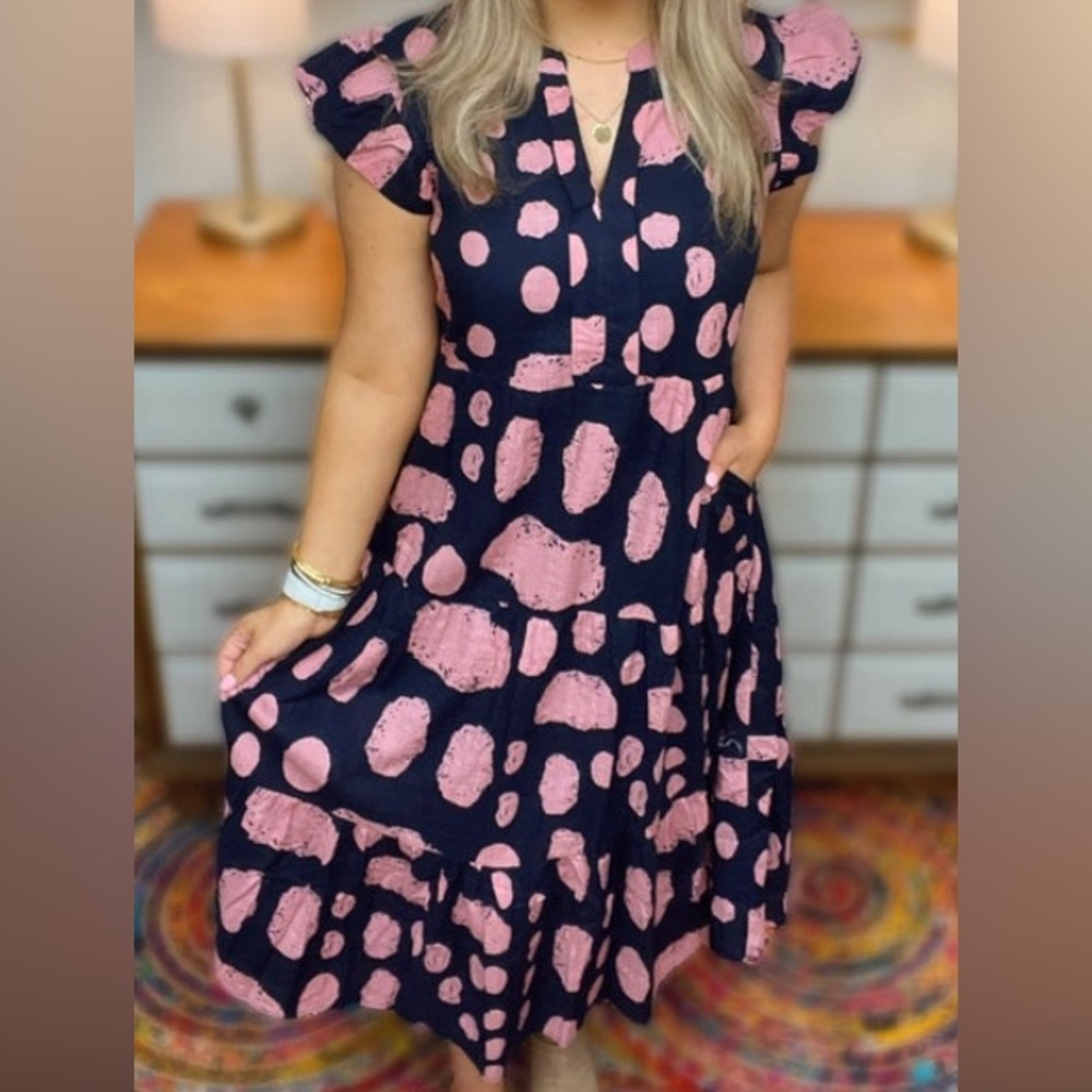 Super cute navy blue and pink print dress with pockets. Large.